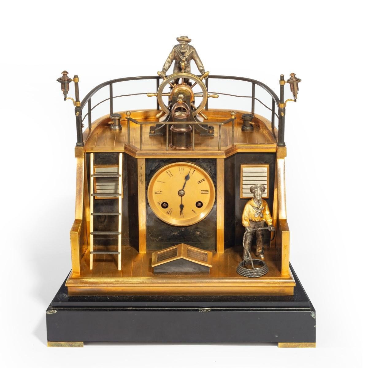 Late 19th century French gilt-brass & steel novelty ‘quarterdeck’ mantel clock by Guilmet, Paris