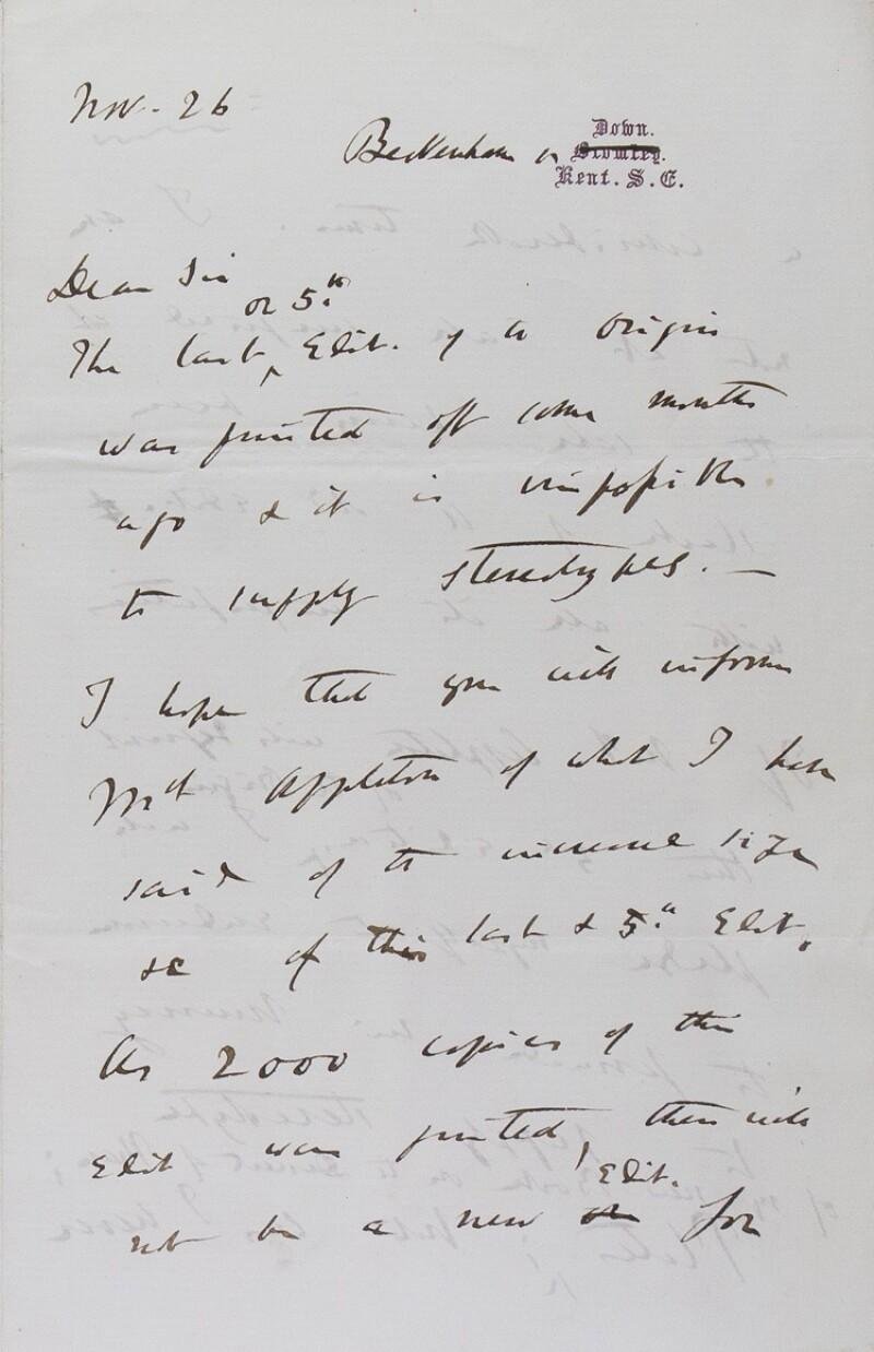 Darwin, Charles Autograph letter signed ("Ch. Darwin") to Charles Layton, Appleton's London agent, about a second American edition of On the Origin of Species