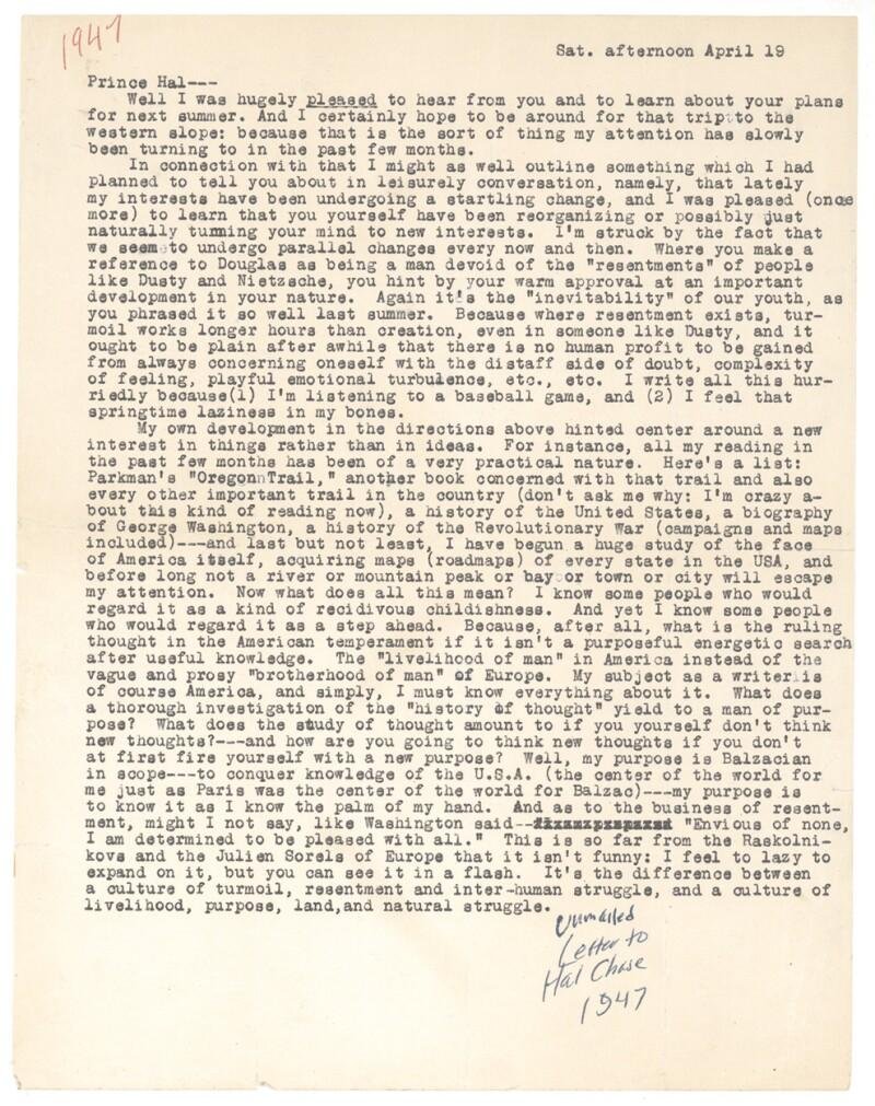 KEROUAC, JACK Letter from Jack Kerouac to Hal Chase